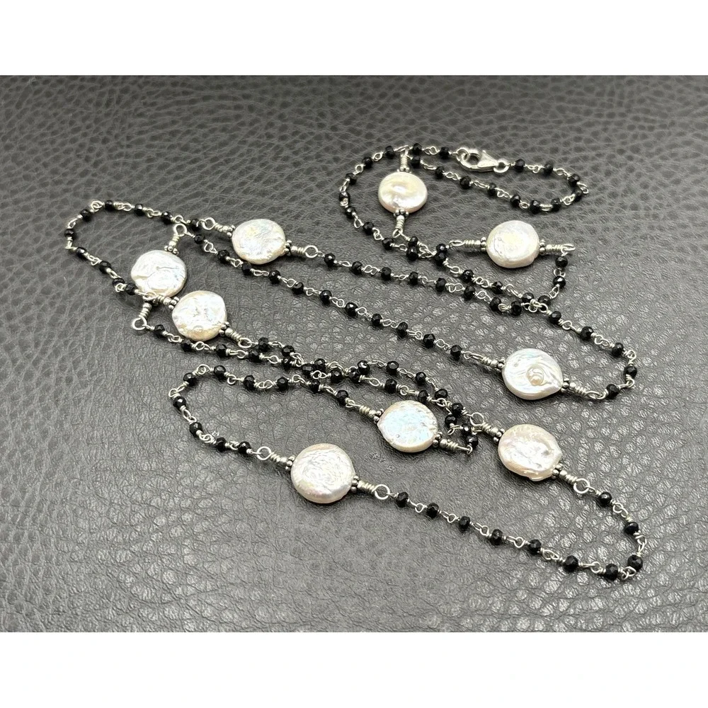 Vtg Coin Pearl Sterling Silver 925 Black Bead Necklace Opera Flapper Length 40